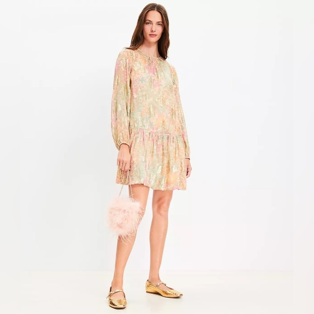NWT Loft Shimmer Floral Jacquard Bubble Hem Mini Dress, Tahini, Size S